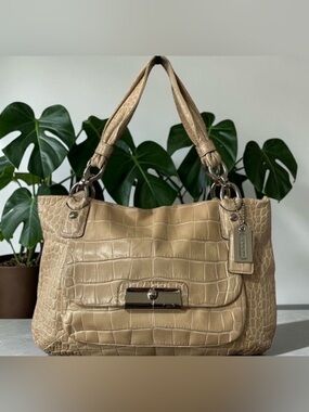 Coach RARE - Kristin Croc-Embossed Leather Satchel Bag - Cream/Beige